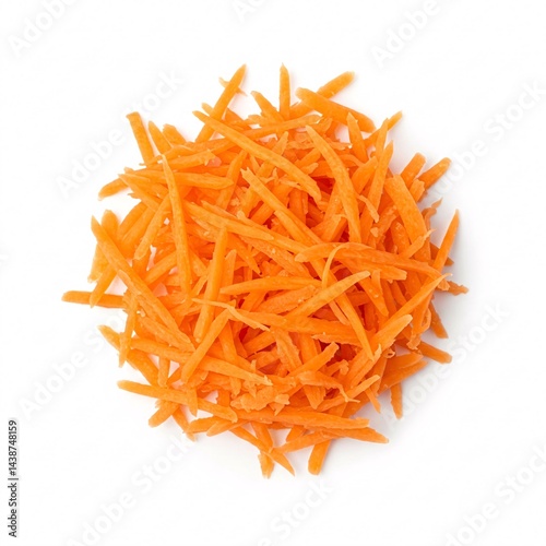 Shredded carrots isolated on a white background. Vegetable, ingredient, food, healthy, raw, top view