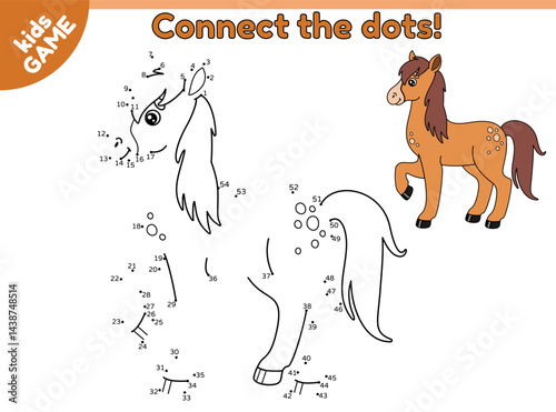 Dot to dot kids game with farm horse. Connect the dots by numbers, draw a cartoon farm animal and color it. Educational puzzle for preschool and school children. Vector baby illustration.