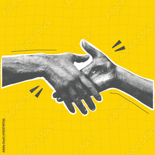 Halftone Pop art handshake on yellow backdrop, vector design. Close-up of a handshake background with elements