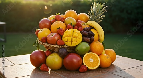 Assorted Fresh Fruits in Wicker Basket Outdoor Arrangement
