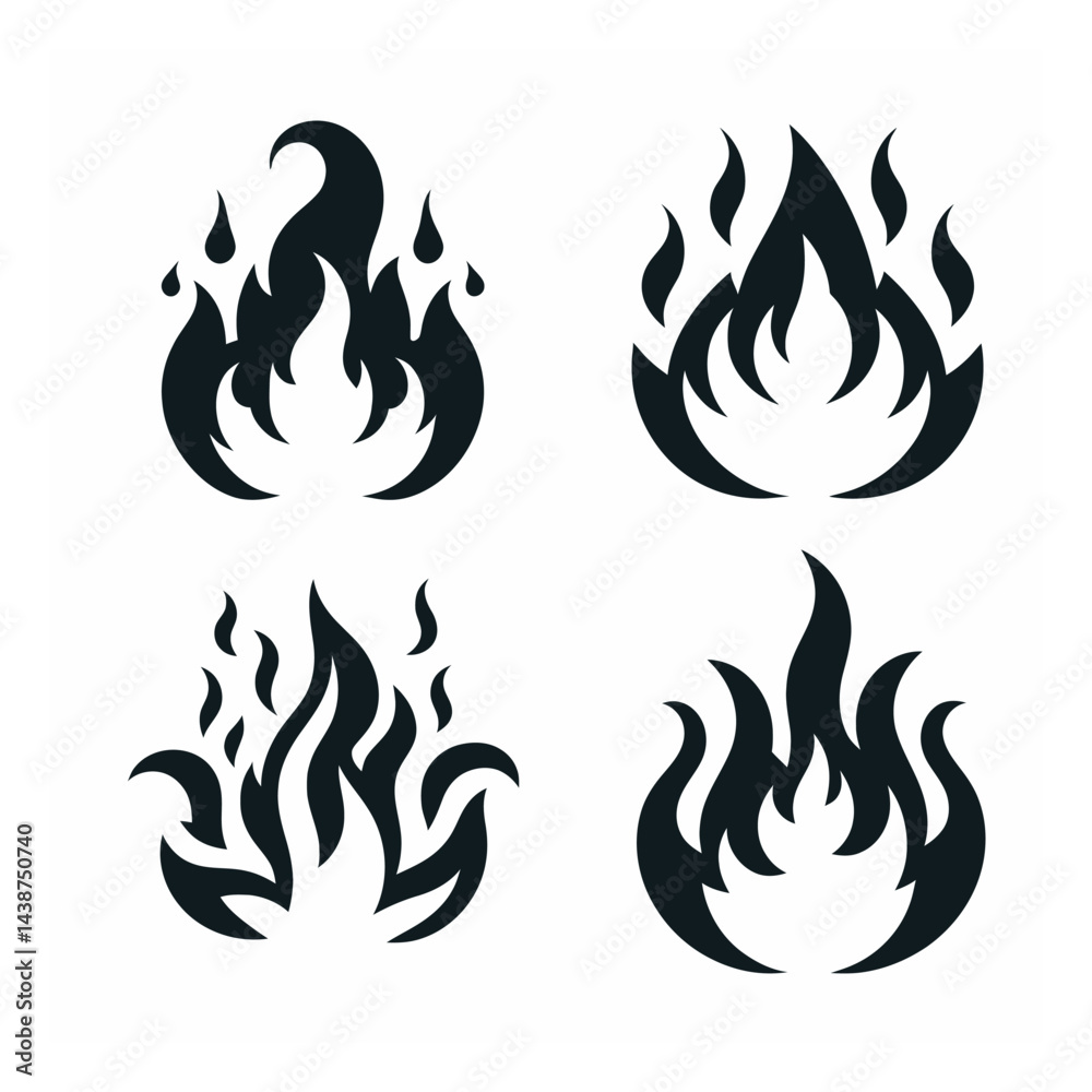 Flame fire set silhouette vector style with white background Flame fire set silhouette vector style with white background