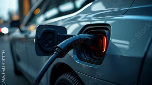 Electric vehicle charging at a modern indoor station, close-up view of the charging plug, futuristic clean energy transportation concept.