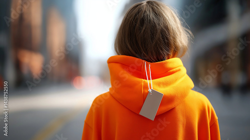 Obraz na płótnie Person in orangefarbenem Hoodie von hinten fotografiert in städtischer Umgebung w salonie