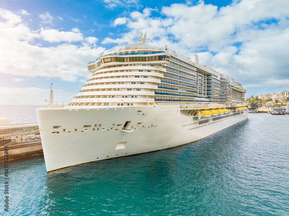 Luxurious cruise ship sailing through azure waters on a perfect sunny day, offering unforgettable vacation experiences