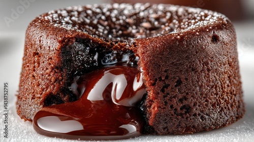 a close-up of a rich, smooth chocolate lava cake with melted chocolate flowing out on a white isolated background, indulgent and gooey design