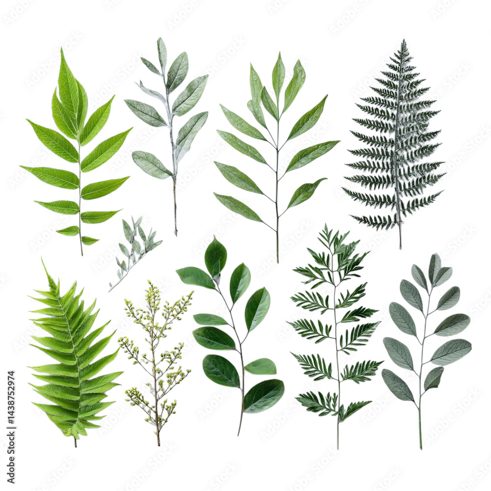 Fototapeta premium Assorted green foliage branches arranged for nature and botanical use, clear background --v 7.0
