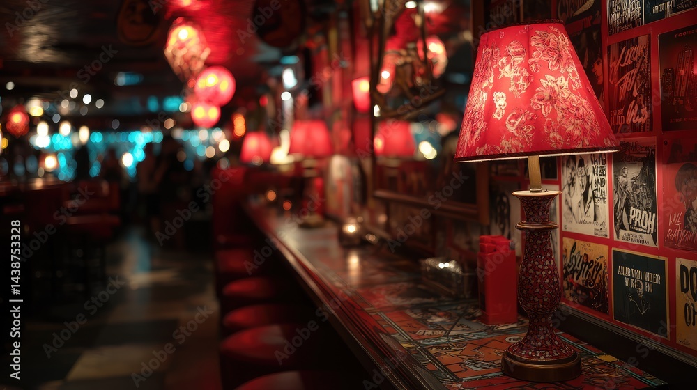 Fototapeta premium Red-lit bar with patterned lamps