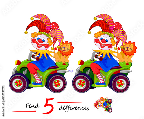 Find 5 differences. Illustration of the funny smiling clown riding a scooter. Logic puzzle game for children and adults. Page for kids brain teaser book. Flat vector drawing.