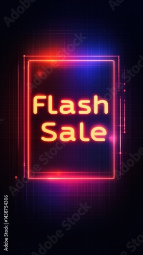 Bright glowing neon flash sale message on futuristic digital grid background