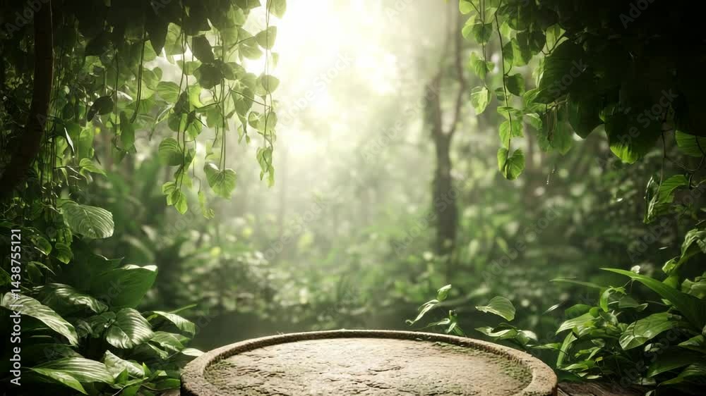 Lush green forest setting with mist and a stone platform bathed in soft light during early morning hours Lush green forest setting with mist and a stone platform bathed in soft light during early morning hours