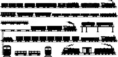 Freight train with locomotive, passenger train icons collection. Black silhouette of freight trains collection. Set of railway transport. Black wagon and locomotive