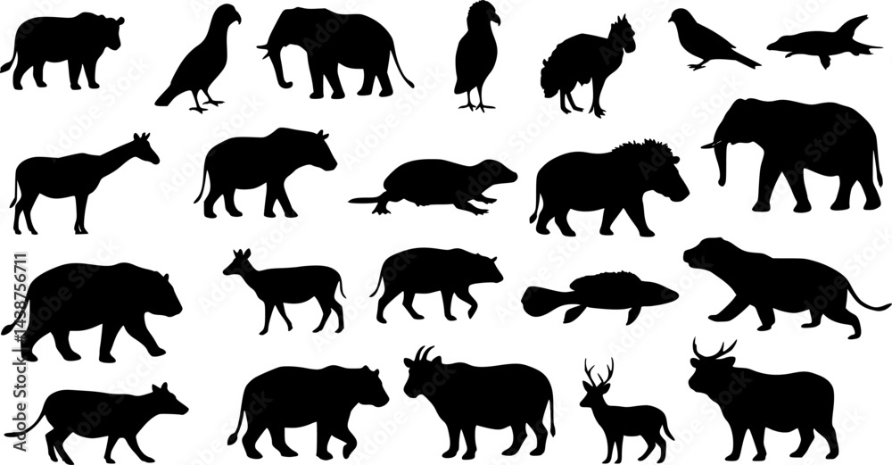 Obraz premium Animal silhouette collection. Set of black animal silhouette. Animal icons. Mammal, fish, insects, birds, reptiles silhouette collection. Wild, domestic animals icons