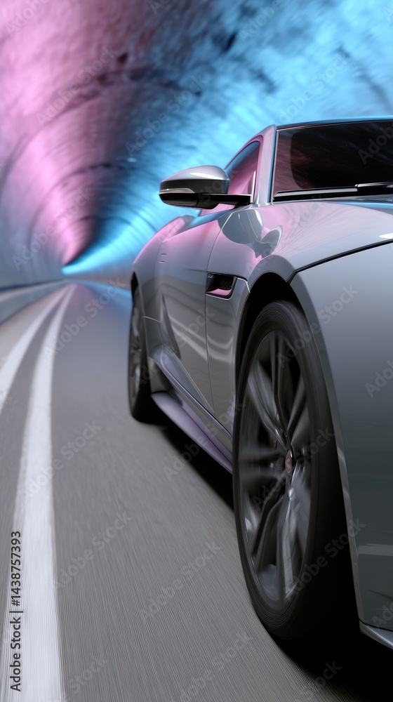 Fototapeta premium Sleek vehicle speeding through vibrant tunnel