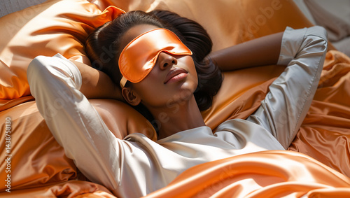 Obraz na płótnie beautiful young African American woman sleeping with sleep mask in orange bed, morning
w salonie