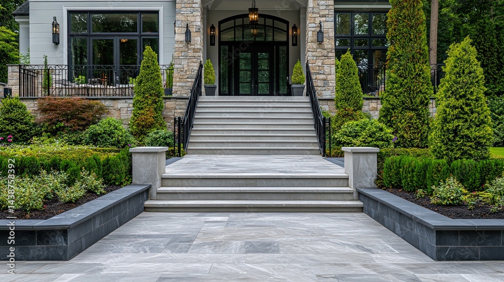 Fototapeta premium The entrance of a luxury home in Vancouver, painted grey, with stair steps and beautiful landscaping, on a sunny day in June 2024.