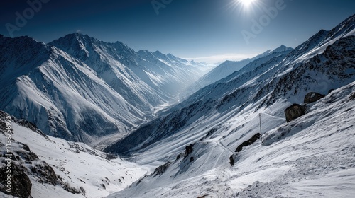 Snowy mountain peaks and valley photo