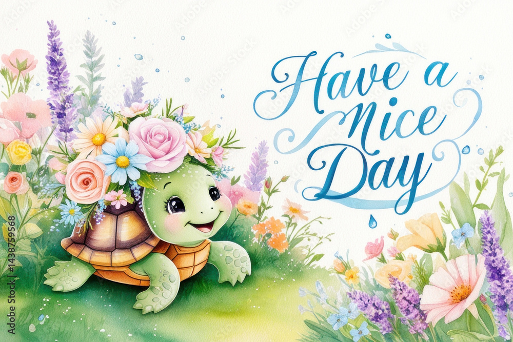 Watercolor illustration of a smiling turtle with a flower crown surrounded by colorful flowers and the inscription