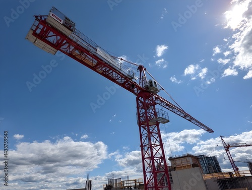 Crane jib extending diagonally over construction site demonstrating engineering prowess in dynamic heavy machinery operations