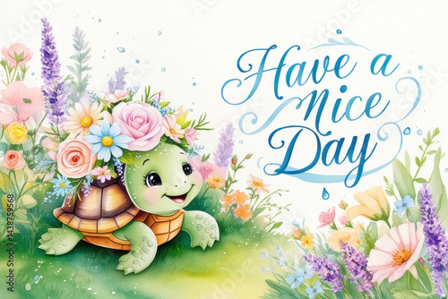 Obraz na płótnie Watercolor illustration of a smiling turtle with a flower crown surrounded by colorful flowers and the inscription