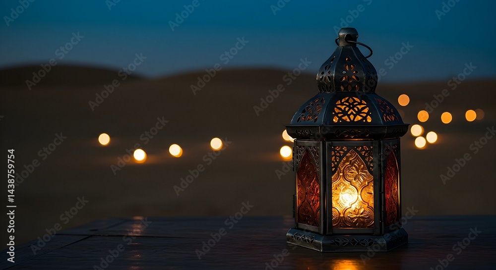 Glowing Lantern at Dusk in the Desert with Bokeh Lights Glowing Lantern at Dusk in the Desert with Bokeh Lights