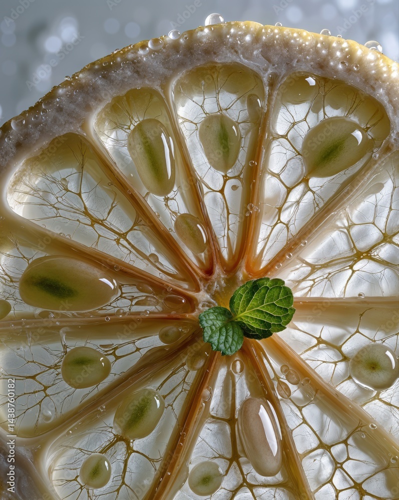 Delicate lemon slice displays intricate patterns of juice and pulp, glistening with droplets. A small mint leaf enhances the vibrant freshness, creating an artistic natural composition.