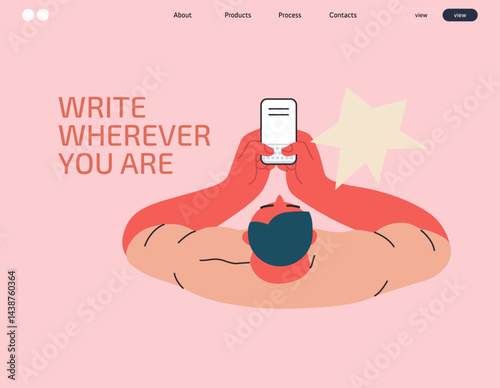 Writing people, modern flat vector concept illustration- sitting man thoughtfully writing on laptop, bubble near head, top view. Metaphor for reflection, insight, contemplation, creative expression
