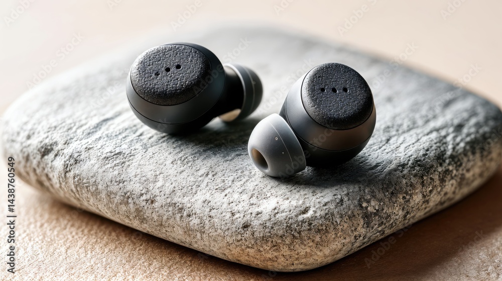 Designed for comfort and convenience, these wireless earbuds sit stylishly on a flat stone, showcasing sleek design and innovative features that elevate the listening experience.