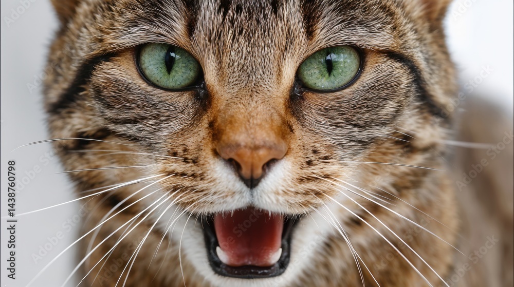 A striking close-up reveals a cat with mesmerizing green eyes, its mouth open in a fierce meow. The enchanting fur pattern contrasts beautifully with the soft background.