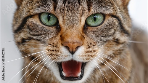 Obraz na płótnie A striking close-up reveals a cat with mesmerizing green eyes, its mouth open in a fierce meow. The enchanting fur pattern contrasts beautifully with the soft background. w salonie