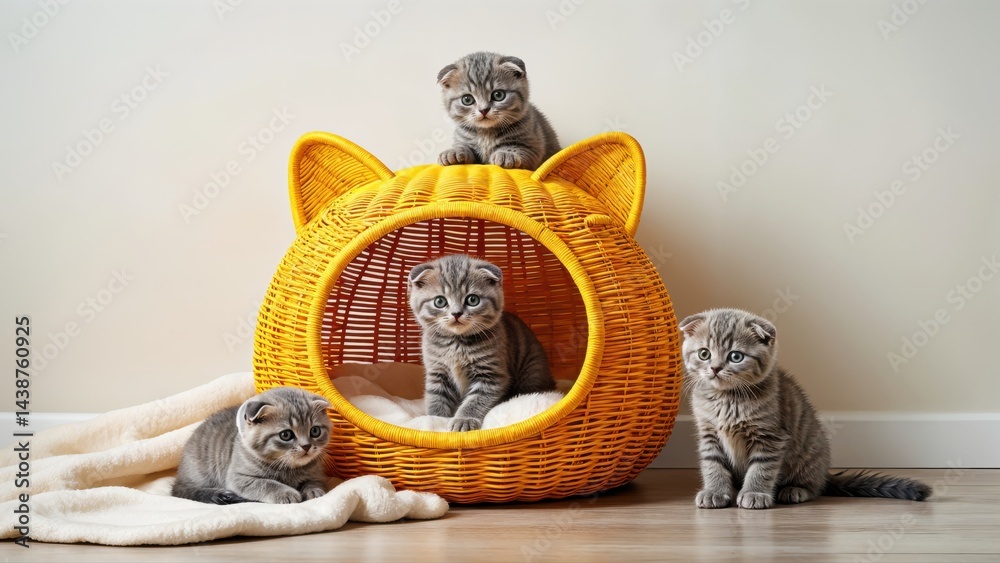 Four adorable kittens engage in playful antics around a whimsical yellow basket, basking in soft sunlight that fills the room, creating a warm and inviting atmosphere.
