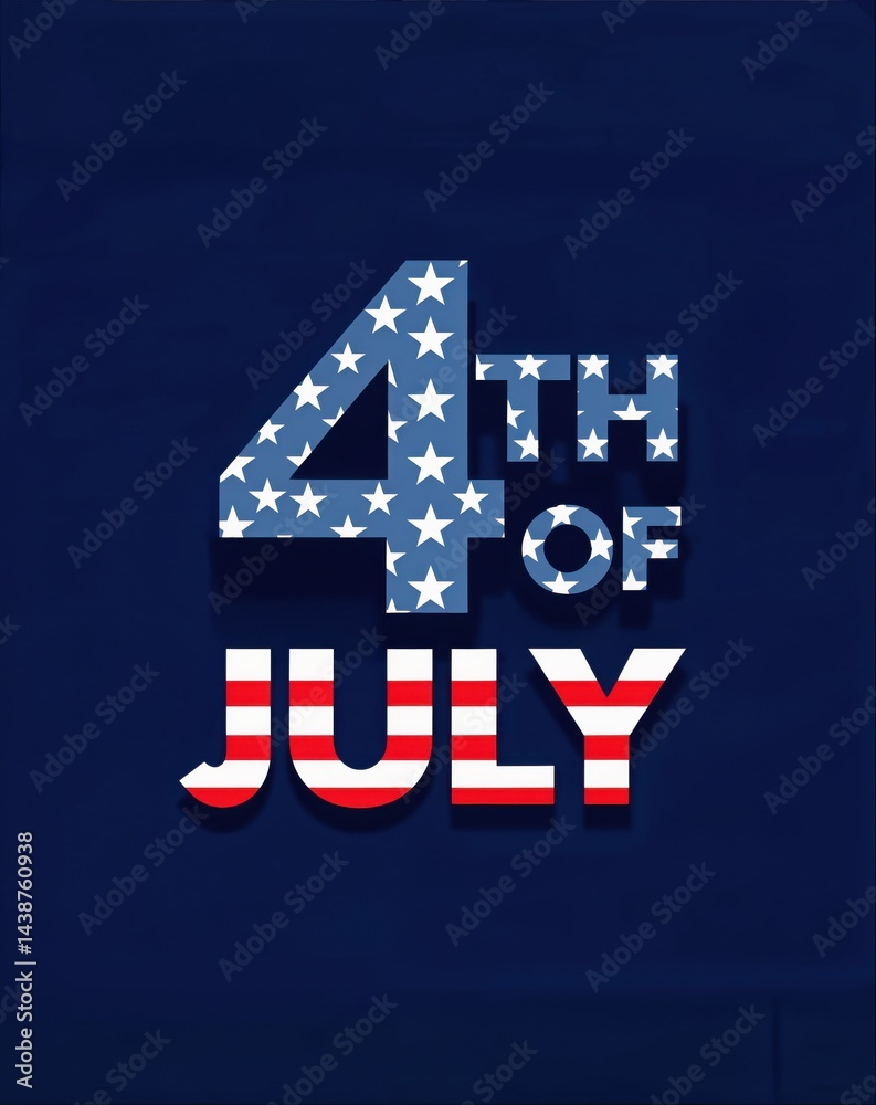A colorful design featuring the number four and the words 'of July' adorned with stars and stripes, representing patriotism and the celebration of Independence Day.