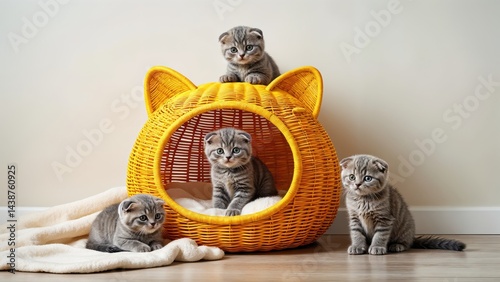Obraz na płótnie Four adorable kittens engage in playful antics around a whimsical yellow basket, basking in soft sunlight that fills the room, creating a warm and inviting atmosphere. w salonie