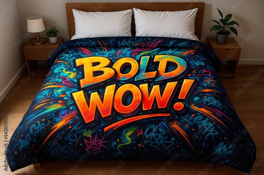 A colorful blanket adorned with bold graffiti art dominates a neatly made bed in a cozy bedroom. The room is styled with plants and soft lighting, creating an inviting atmosphere.