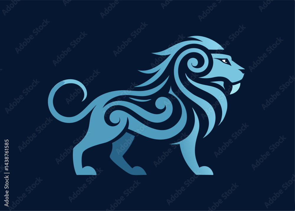 Fototapeta premium Abstract Blue Lion Design: This contemporary art piece features an abstract blue lion, rendered in a modern, minimalist style. The lion's mane is crafted with intricate swirling lines.
