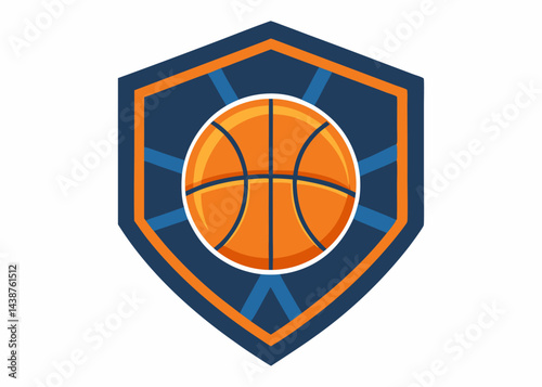 Basketball Emblem: A striking emblem features a vibrant orange basketball resting within a bold, navy blue shield. The shield is outlined in orange, with dynamic, white lines radiating outward.