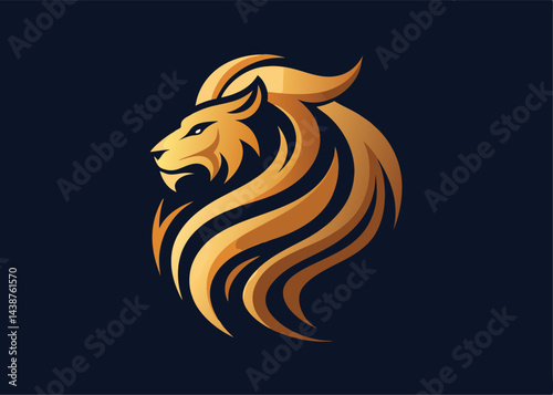 Golden Lion Crest: A striking illustration of a golden lion's head, meticulously crafted against a dark backdrop, representing power, courage, and regal grandeur.