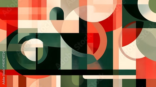 Abstract Geometric Art Red Green Beige Circles Squares