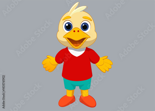 Cute Duckling Cartoon: A cheerful yellow duckling cartoon character, wearing a red shirt and teal shorts, welcomes you with open arms. Its bright eyes and friendly smile are sure to brighten your day.
