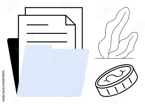 Documents stacked within a blue folder, financial coin graphic, simple plant decor. Ideal for finance, budgeting, organization, savings, office, minimalism simple landing page