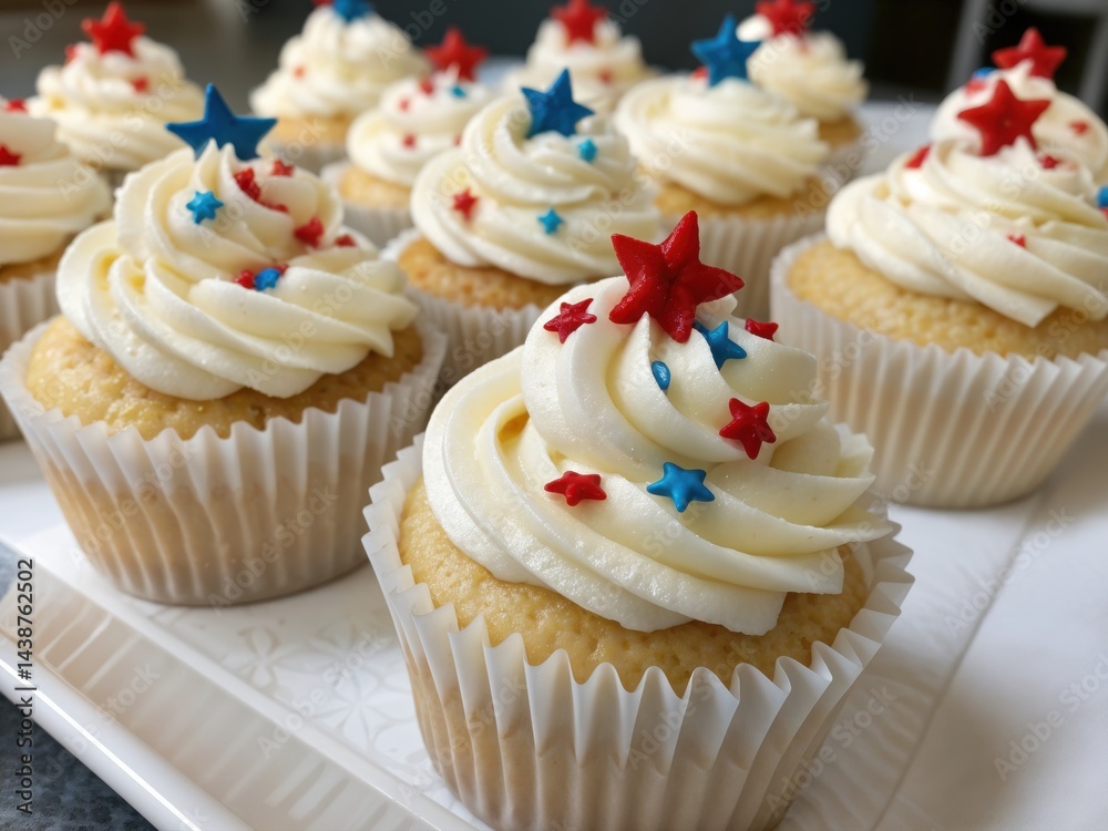 Festive cupcakes featuring creamy frosting and colorful star decorations bring joy to a cheerful summer celebration. Each treat is a flavorful creation perfect for sharing.