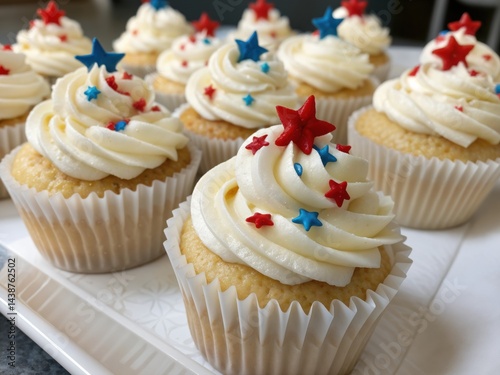 Obraz na płótnie Festive cupcakes featuring creamy frosting and colorful star decorations bring joy to a cheerful summer celebration. Each treat is a flavorful creation perfect for sharing. w salonie