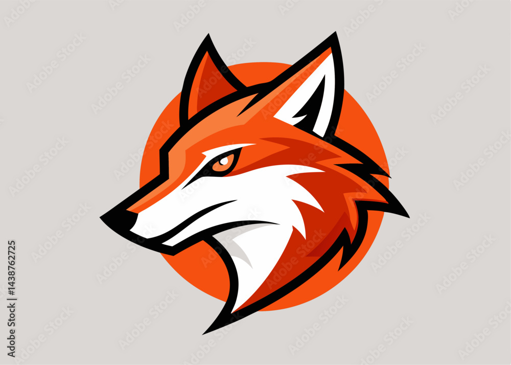 Fototapeta premium Red Fox Head Logo: A stylized illustration of a red fox head, sharp and intense, set against a vibrant orange circle. Perfect for branding or mascot.