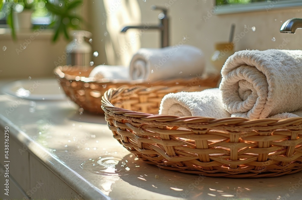 Sunlit bathroom with towels in wicker baskets and modern fixtures Sunlit bathroom with towels in wicker baskets and modern fixtures