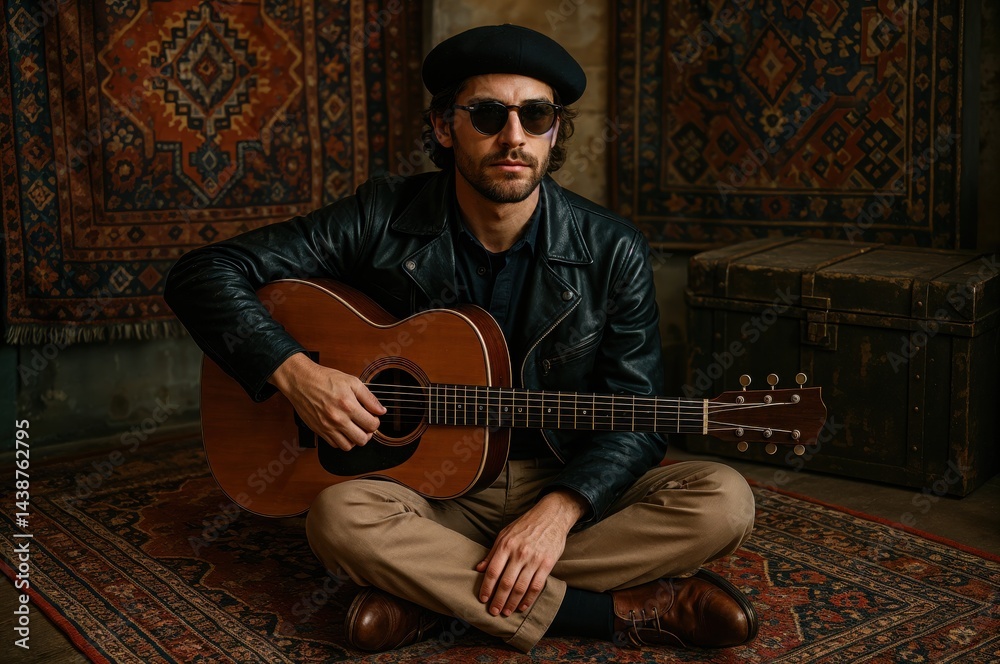 A talented musician sits cross-legged on a vibrant rug, strumming an acoustic guitar. His sunglasses and beret give him a stylish vibe, adding charm to the warm and inviting space.