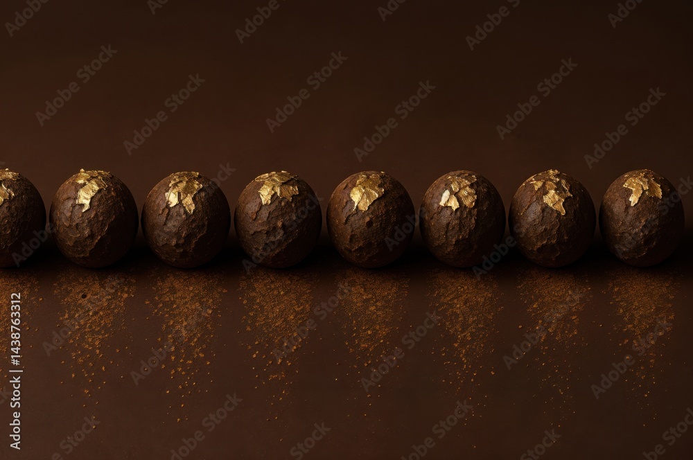 Delight in the luxurious beauty of handmade chocolate truffles uniquely decorated with gold leaf, gracefully aligned in a row against a rich brown backdrop.