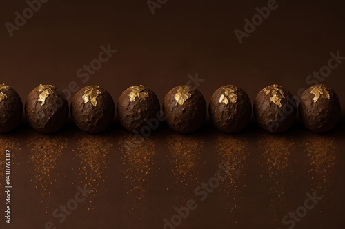 Obraz na płótnie Delight in the luxurious beauty of handmade chocolate truffles uniquely decorated with gold leaf, gracefully aligned in a row against a rich brown backdrop. w salonie
