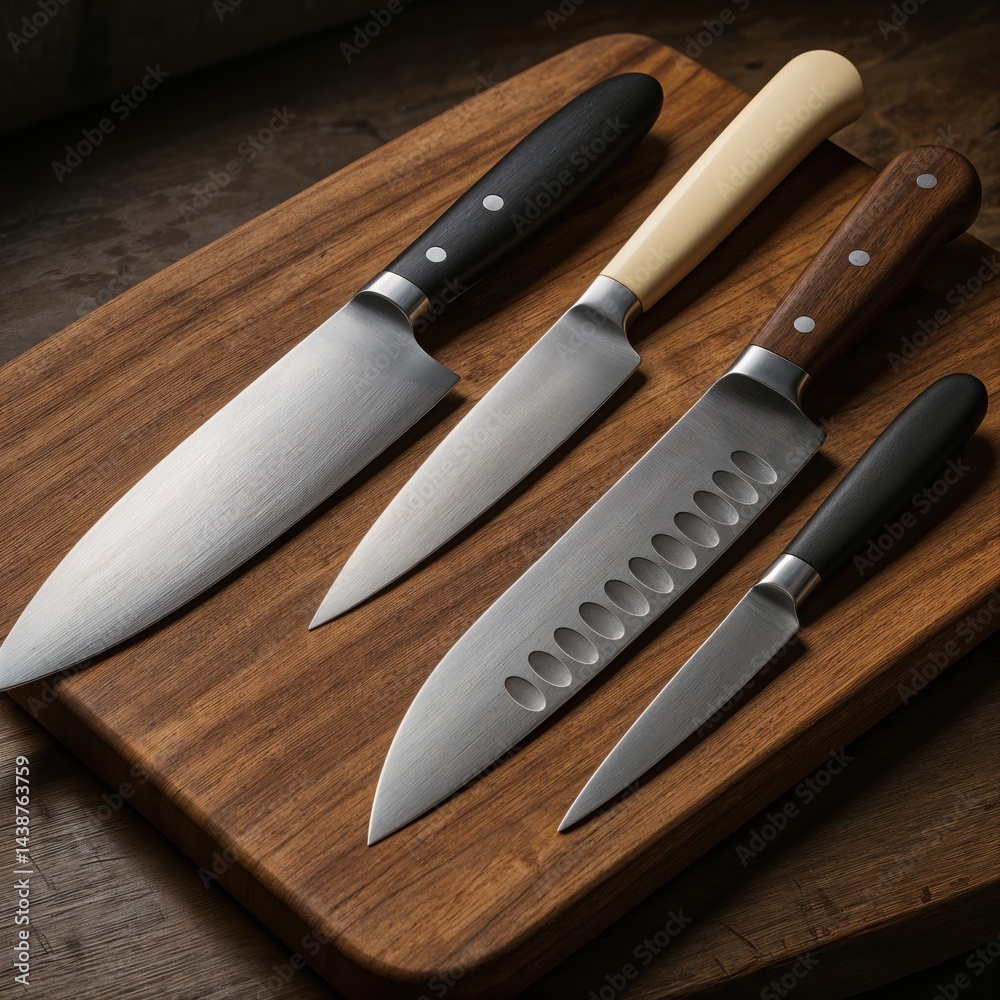 A quartet of finely crafted kitchen knives rests elegantly on a rustic wooden cutting board, each reflecting meticulous design and practical utility perfect for culinary creations.