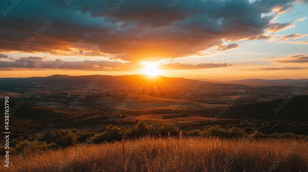 Sunset above landscape. Sun shining brightly. Sky with dark clouds. Golden light on grass and trees. Warm colors glow over the distant hills. Sunset above landscape. Sun shining brightly. Sky with dark clouds. Golden light on grass and trees. Warm colors glow over the distant hills.