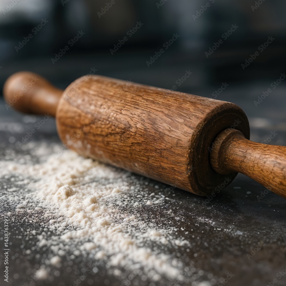 Wooden rolling pin lies on a dark countertop, dusted with flour, inviting anyone to create delicious baked goods in a warm, inviting kitchen atmosphere.