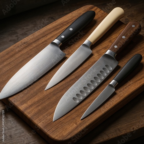 Obraz na płótnie A quartet of finely crafted kitchen knives rests elegantly on a rustic wooden cutting board, each reflecting meticulous design and practical utility perfect for culinary creations. w salonie